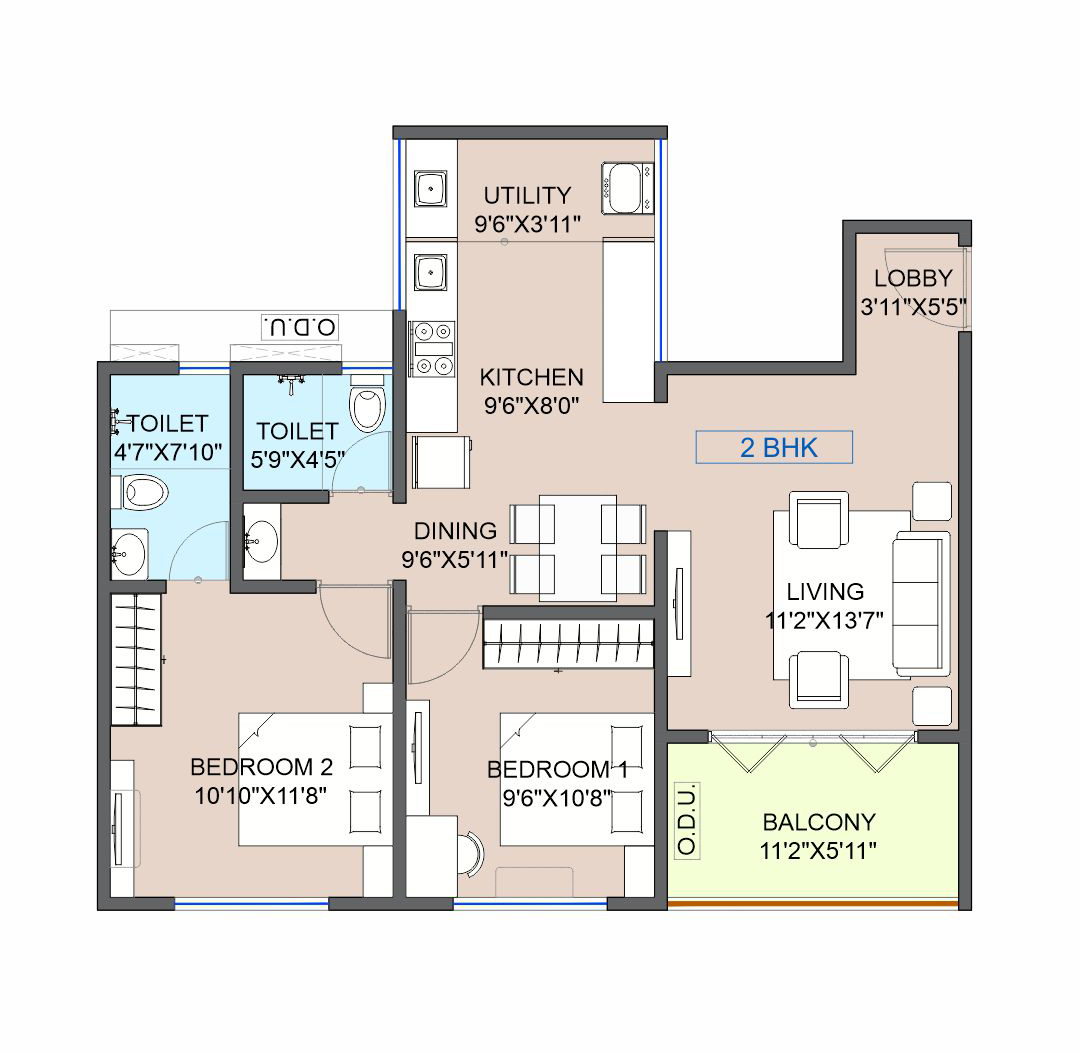 2 Bhk unit plan 1047